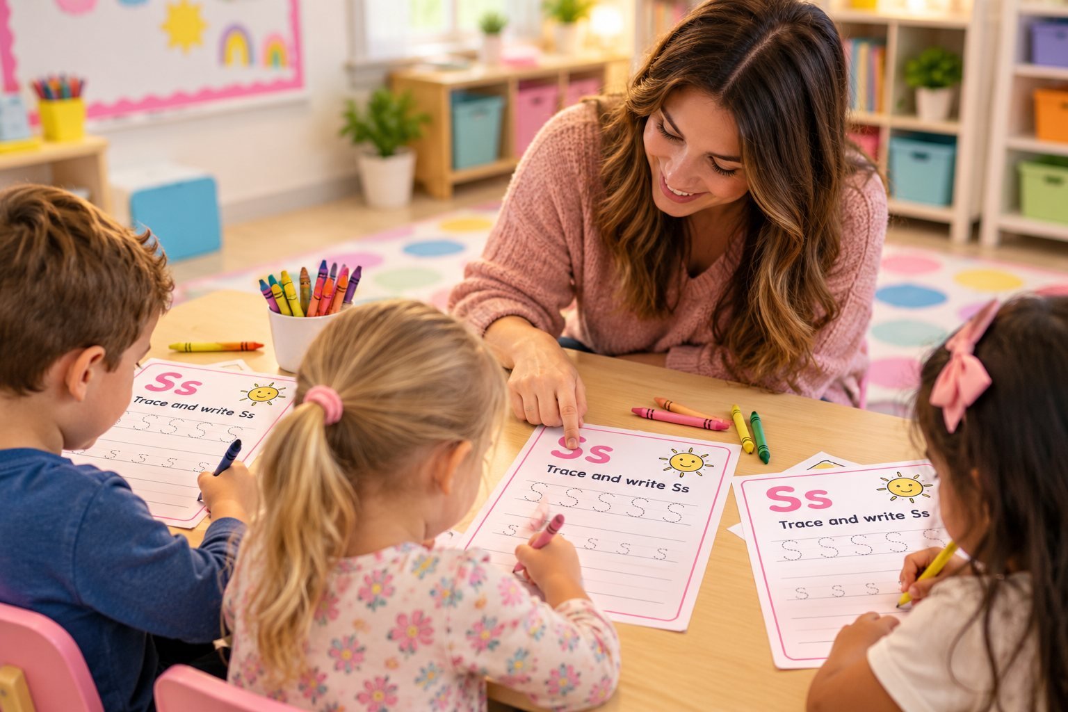 Children tracing the letter S with their teacher